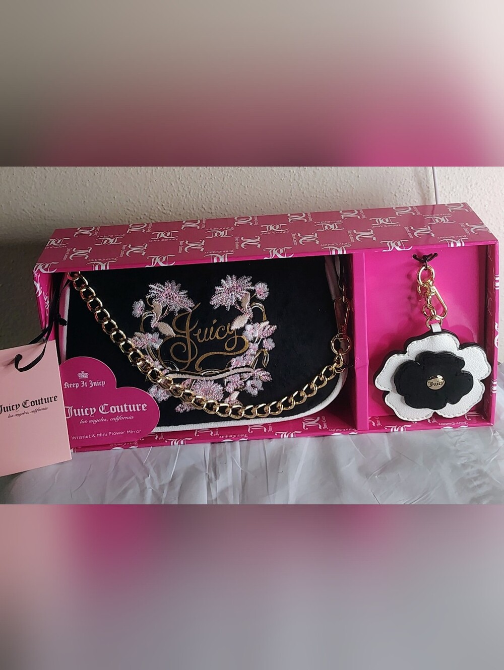 Juicy Couture Black Floral Embroidered Chain Wristlet Set